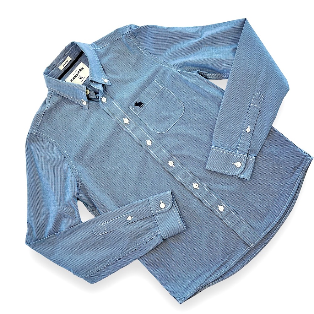 Abercrombie & Fitch: Blue pin striped, button down, muscle, shirt.